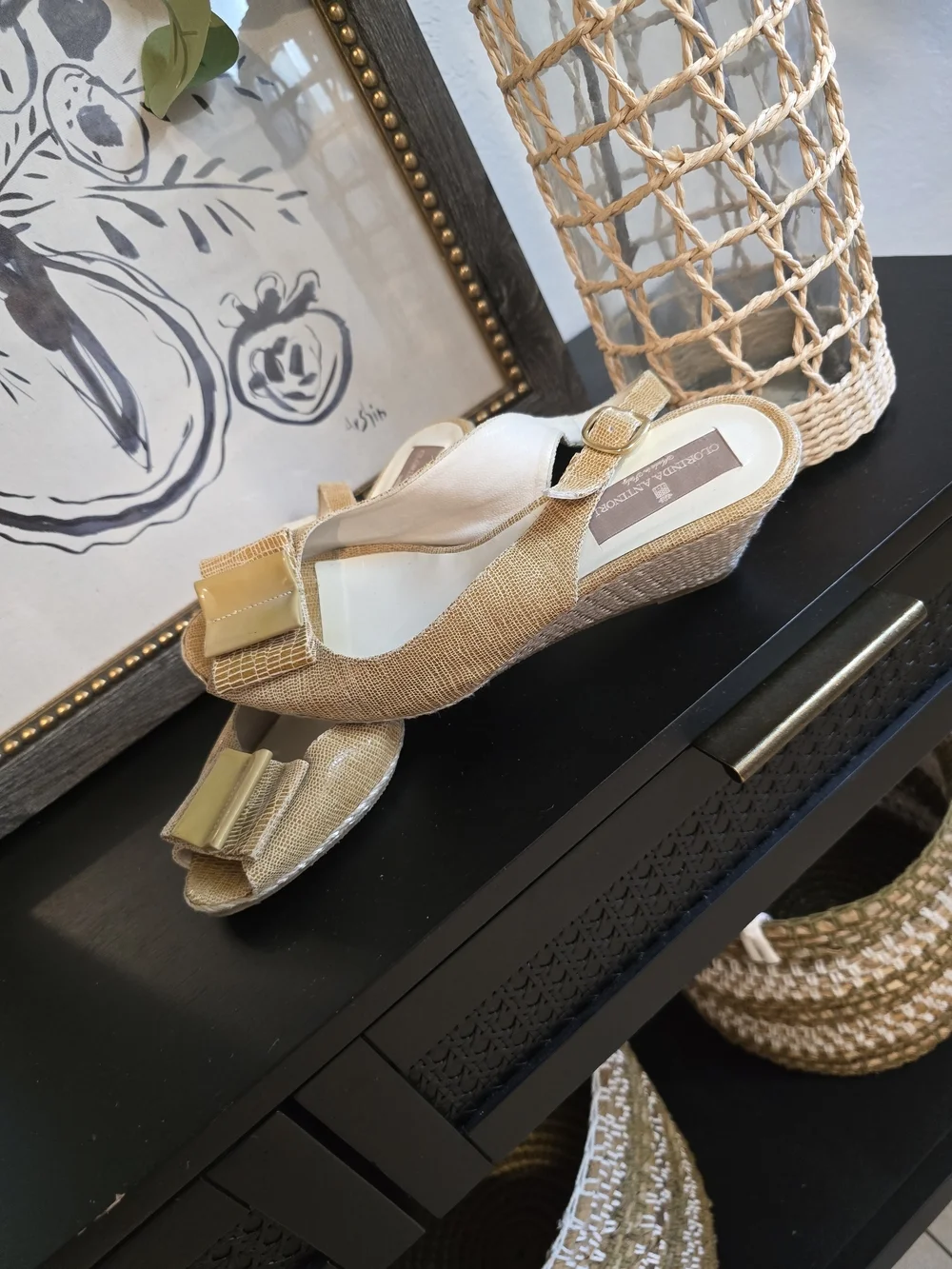 Woven Gold Bow Wedge Espadrilles Sandals